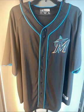 Black Miami Marlins Button-Front Baseball Jersey with Teal Trim